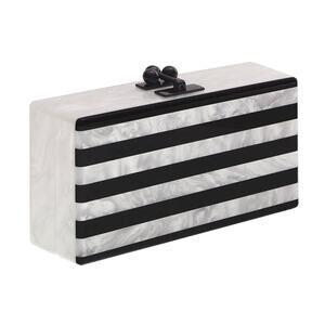 Edie Parker Jean Confetti-Striped Box Clutch Bag w/ Mirror Pearl White/Jet Black